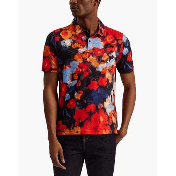 TED BAKER DARLY Regular Fit Floral Linen Print Polo Shirt Red Size M (3) NWT - Picture 1 of 16